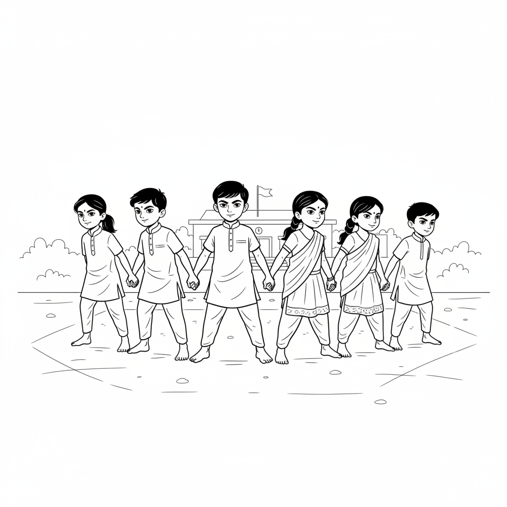 Black and white line art of young Indian children forming a strong kabaddi defense chain, holding hands firmly with focused expressions.