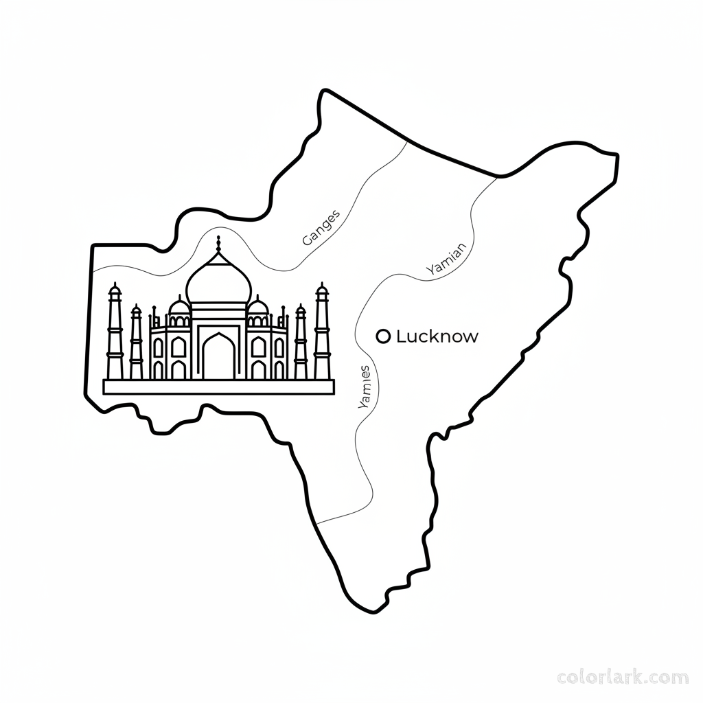 Line art coloring map of Uttar Pradesh state, featuring the Taj Mahal landmark and Lucknow as the capital.