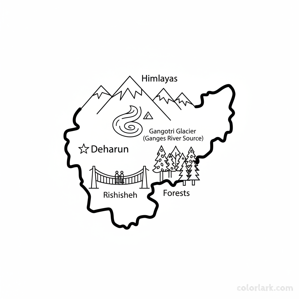 Line art coloring map of Uttarakhand state, featuring Rishikesh, the Ganges River source, and Dehradun.