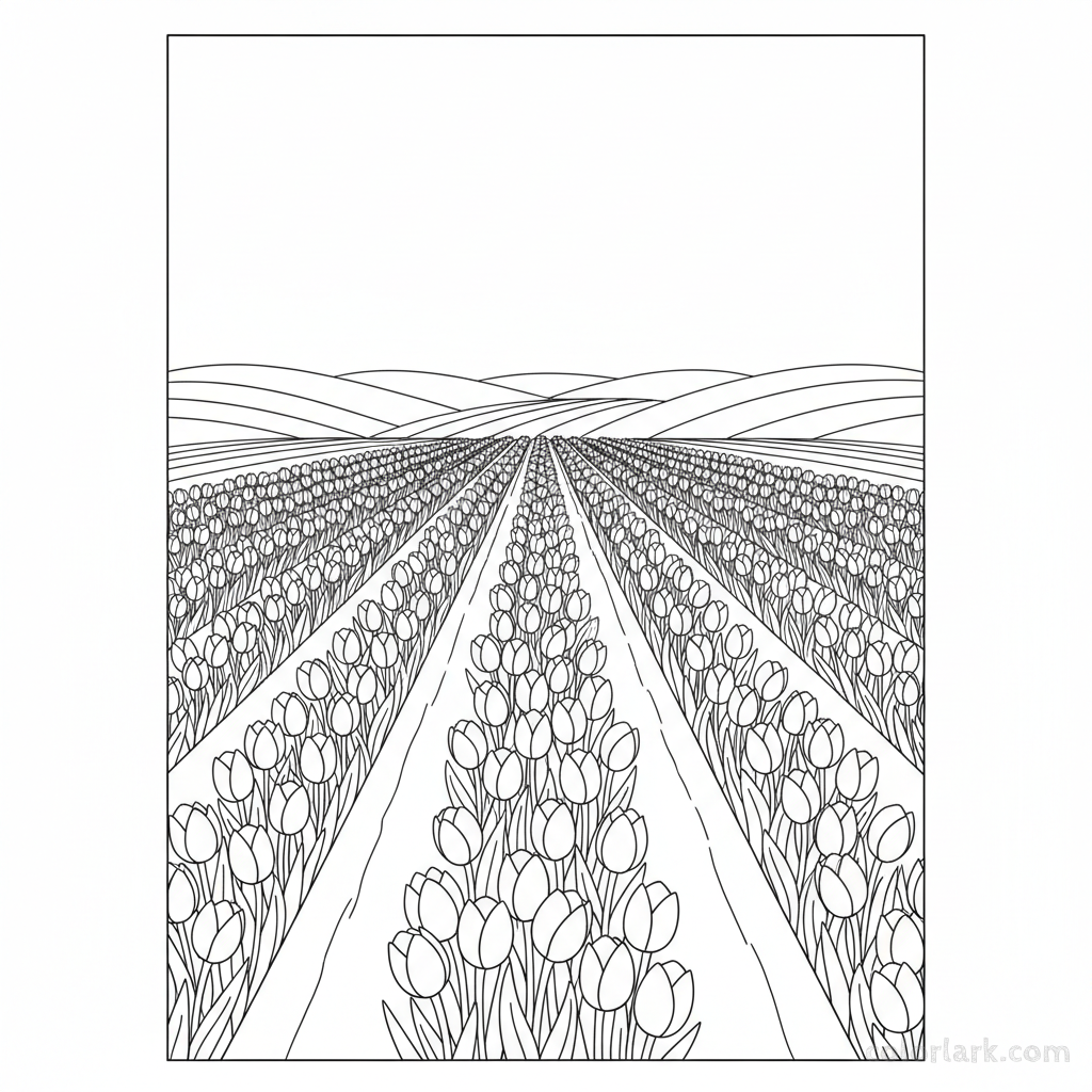 Line art illustration of a vast tulip field landscape with rows of blooming tulips