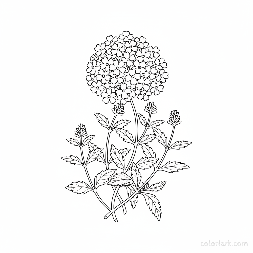 Black and white line art of a cluster of small verbena flowers grouped in a compact head, with simple, jagged leaves on trailing stems.