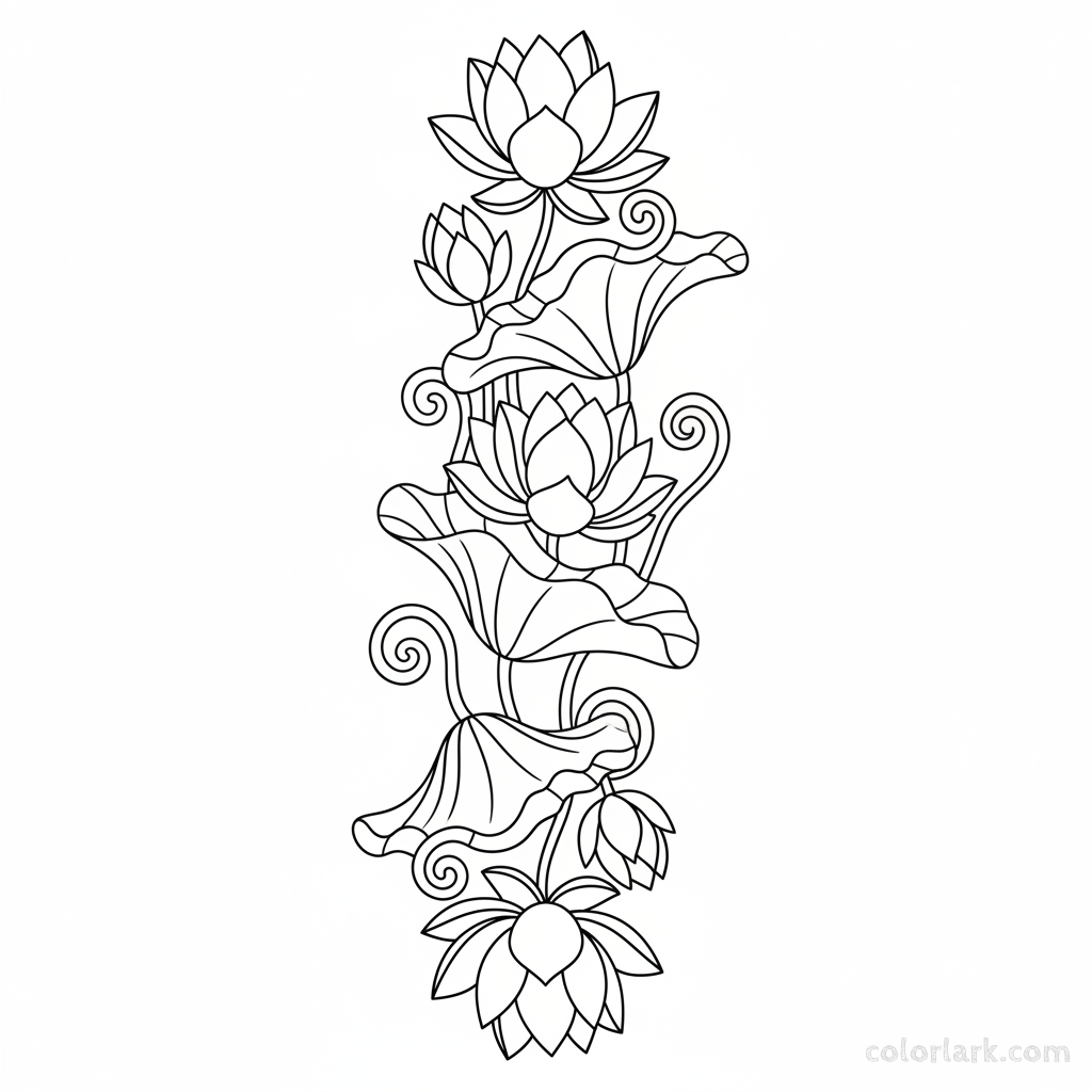 Black and white line art of a vertical cascade of blooming lotus flowers and leaves.