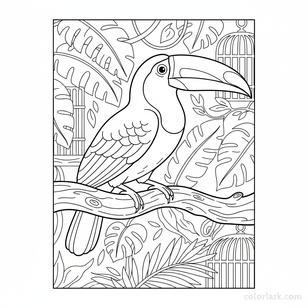 Line art of a vibrant toucan with a large bill perched on a sturdy branch in a tropical zoo aviary.