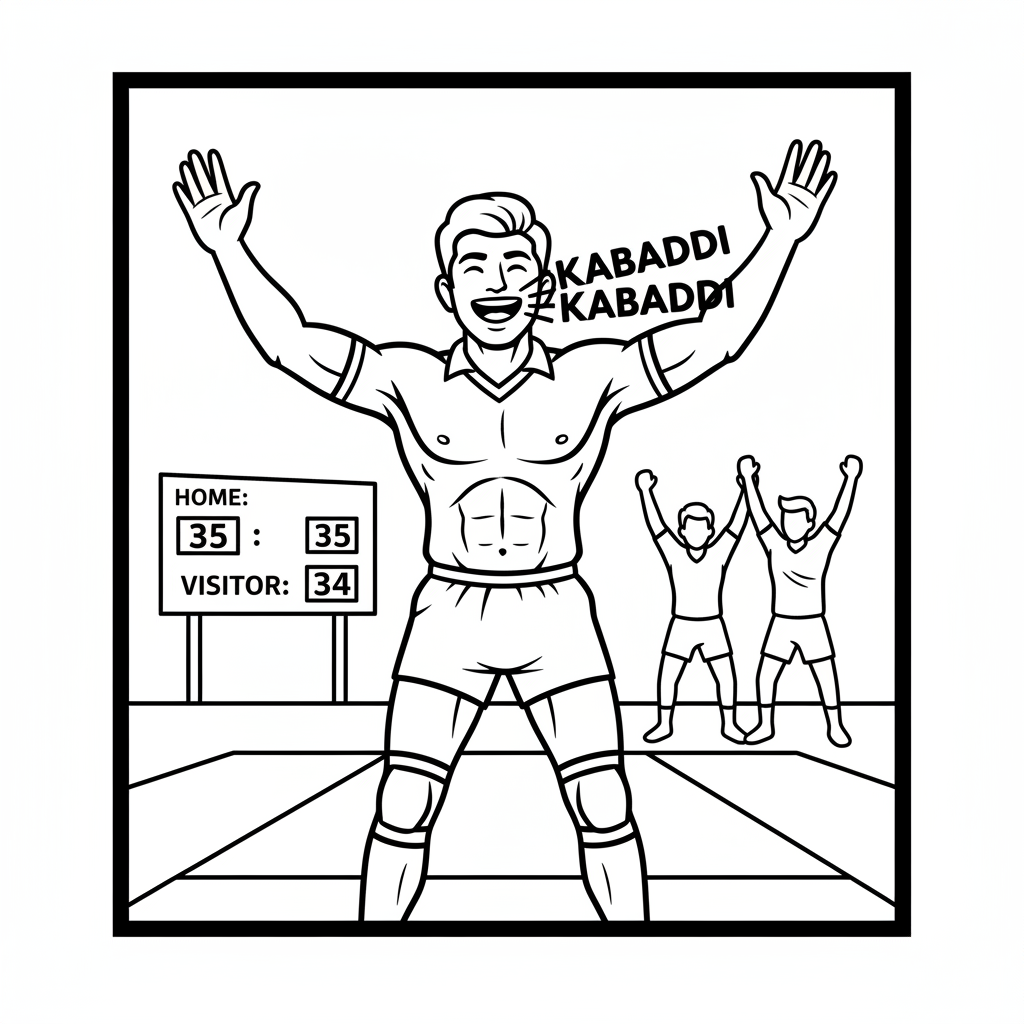 Black and white line art of a victorious Indian Kabaddi player chanting 'Kabaddi Kabaddi'.