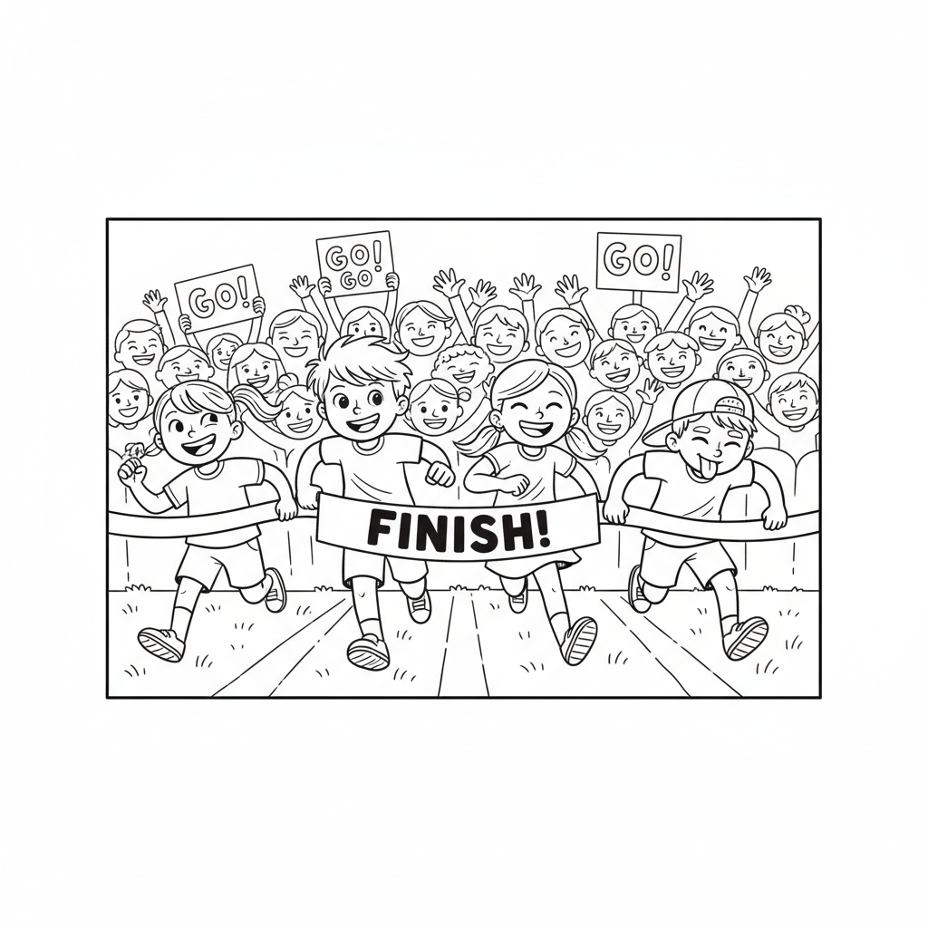 Line art of kids sprinting towards a finish line with anticipation, cheered by a joyful crowd