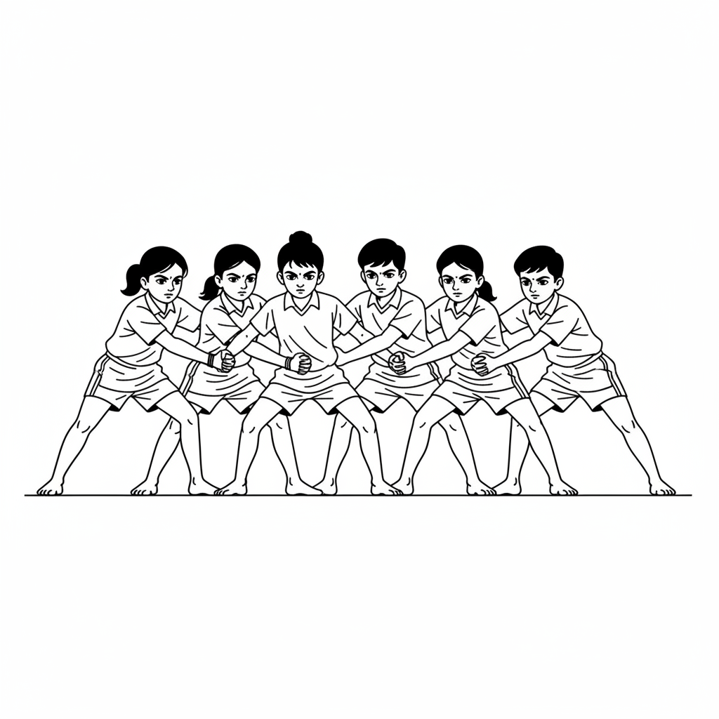 Line art of vigilant Indian children forming a kabaddi defense wall, holding hands with crouched stances, ready for a raider.