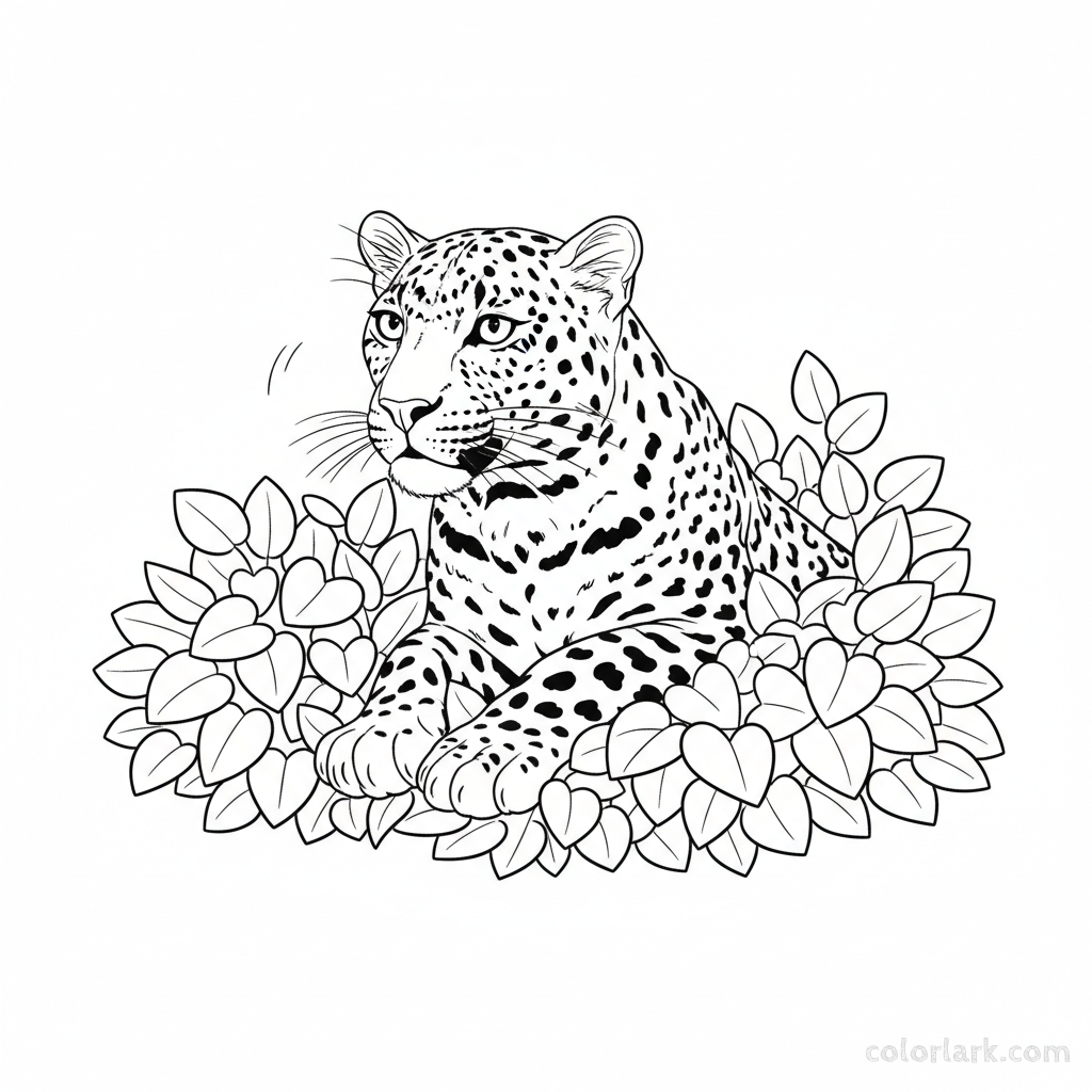 Free printable Indian leopard coloring page, observing jungle from a low bush.