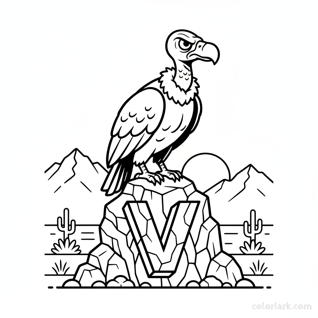 Black and white line art of a vigilant vulture perched on a rock with the letter V.