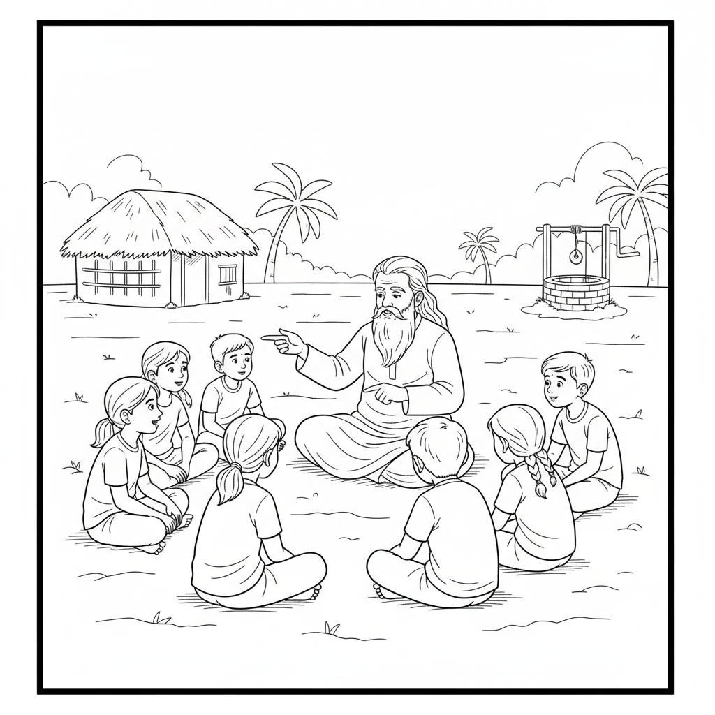 Line art of Indian village children sitting on an open field, listening to an elder explain kabaddi rules.