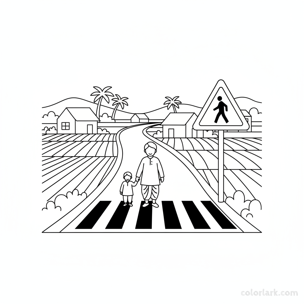 Black and white line art of an Indian pedestrian crossing warning sign on a village road with villagers.