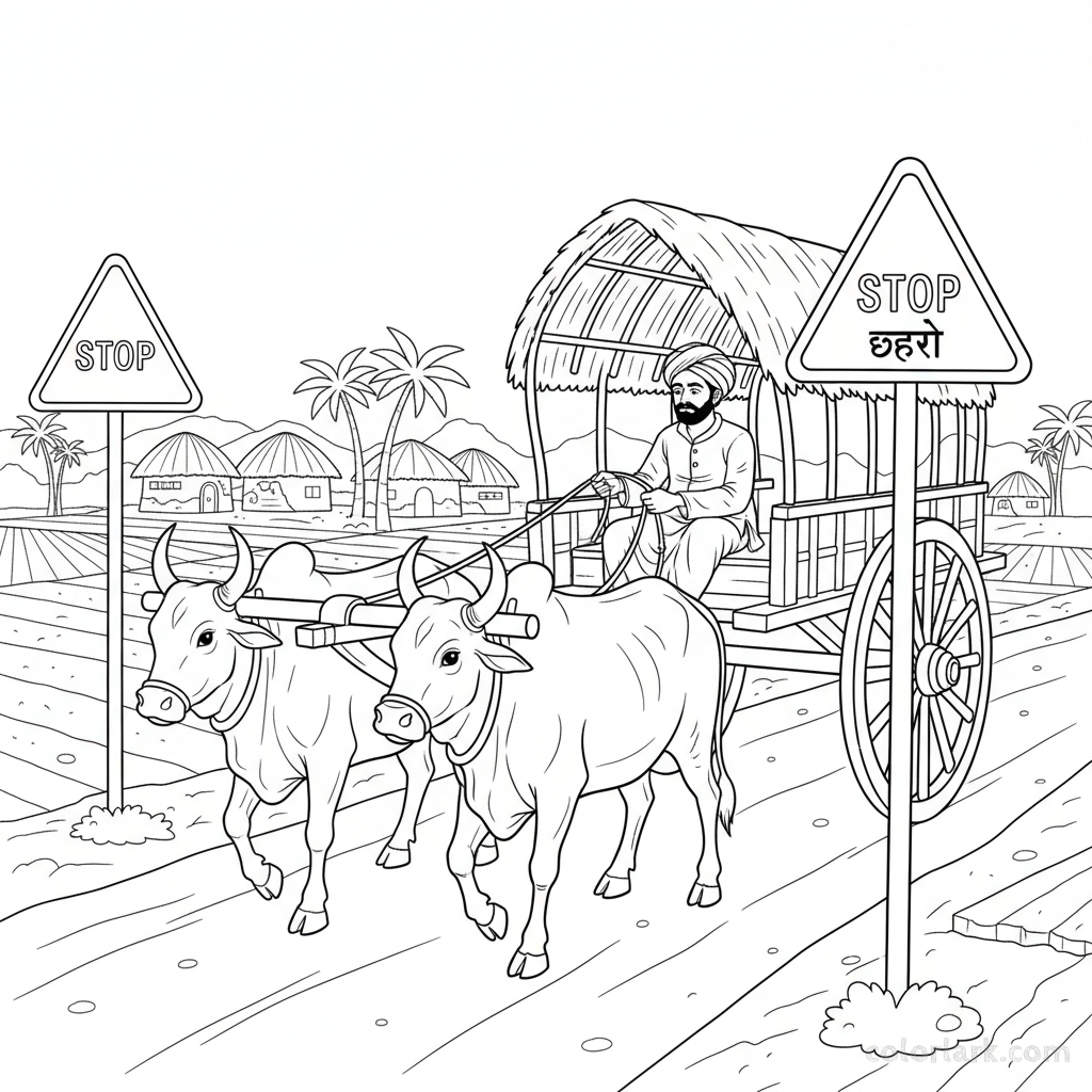 Coloring page of a bullock cart stopping at an Indian Stop sign on a village road.