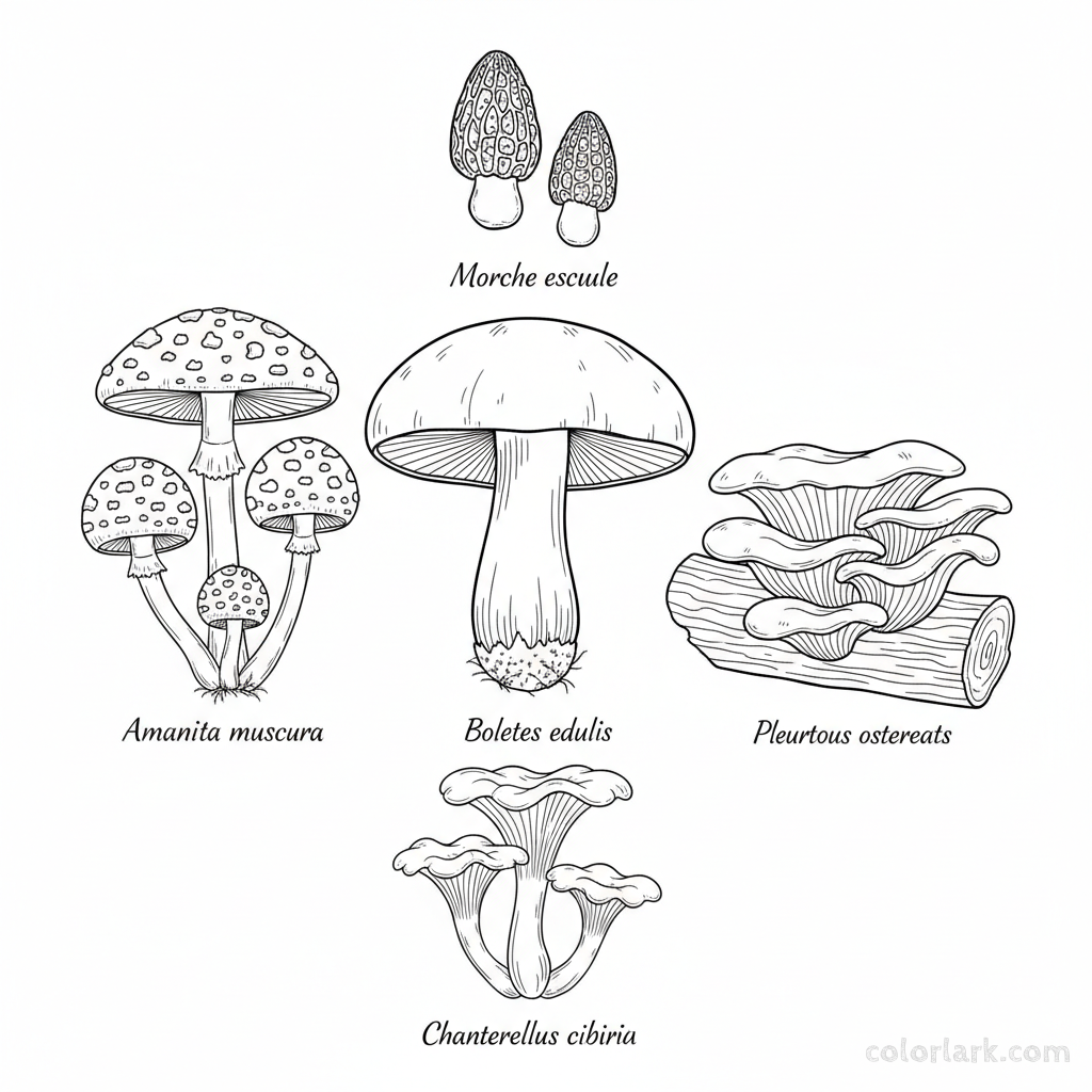 Black and white line art of a vintage botanical illustration featuring several distinct fungi species with labels, for coloring.