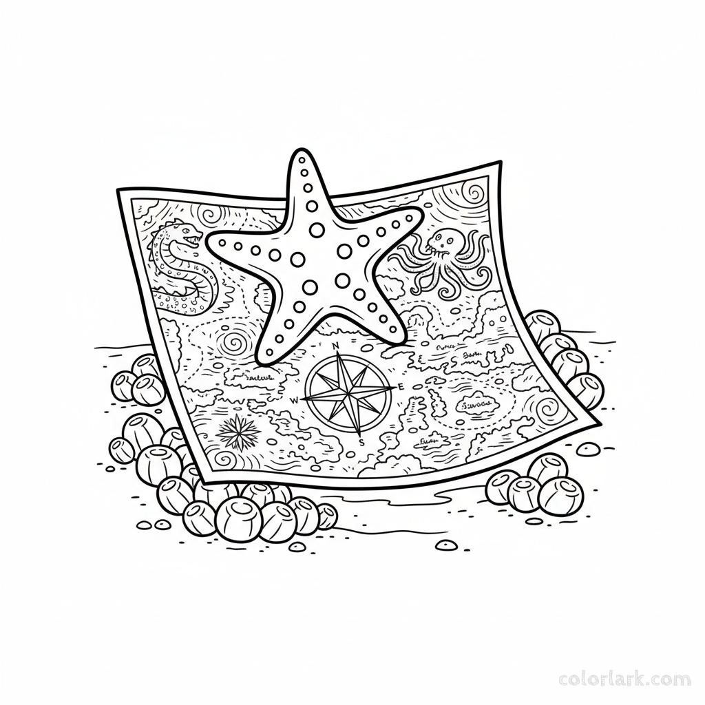 Black and white line art of a starfish exploring a rolled-out, vintage-style maritime map on the ocean floor.