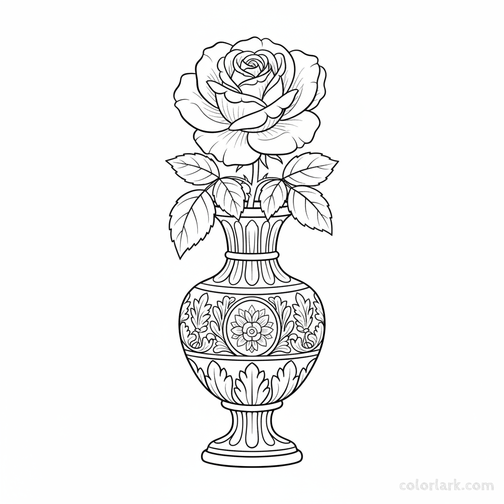 Black and white line art of a vintage style blooming rose in an ornate classic vase