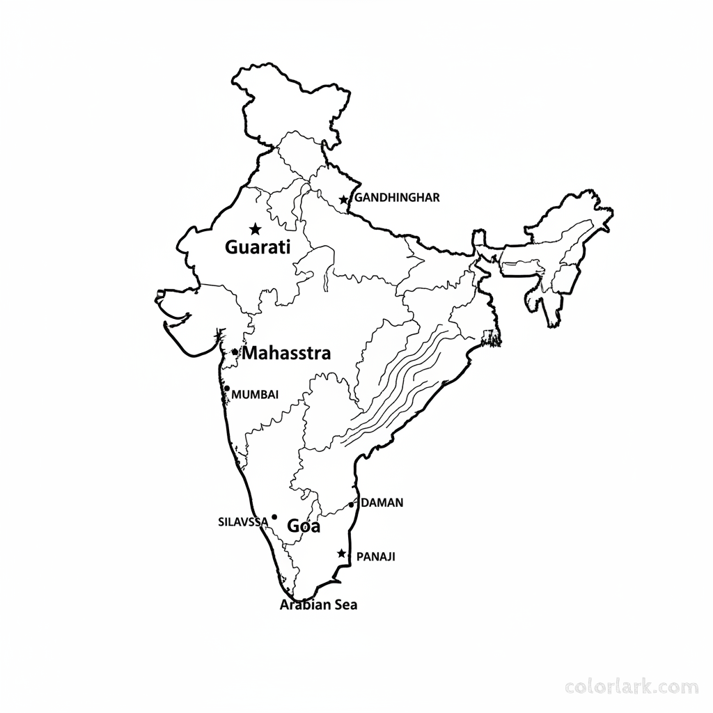 Line art coloring map of West Indian states including Gujarat, Maharashtra, Goa, and surrounding Union Territories.