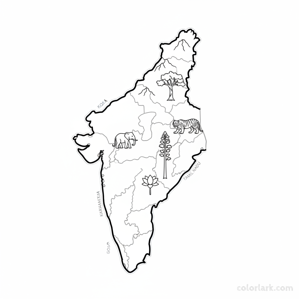 Line art coloring map of the Western Ghats mountain range in India, with subtle biodiversity elements and state outlines.