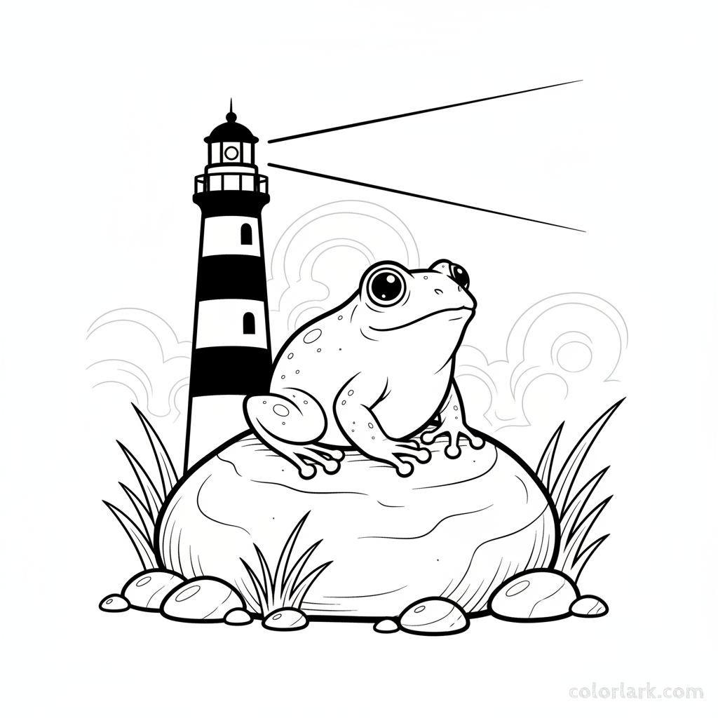 Black and white line art of a frog watching a distant lighthouse from a coastal rock.