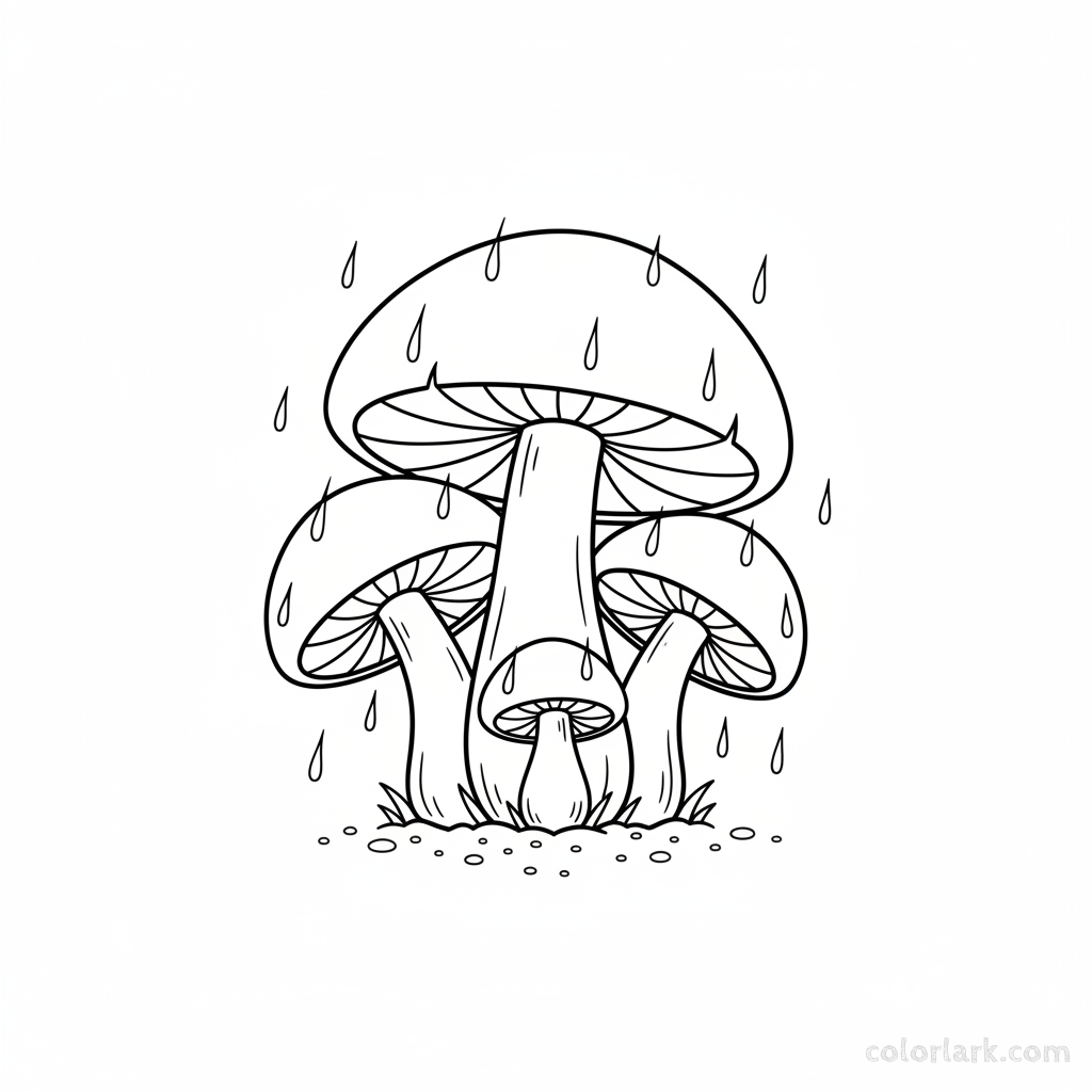 Black and white line art of a whimsical mushroom family huddling together under gentle falling raindrops, for coloring.