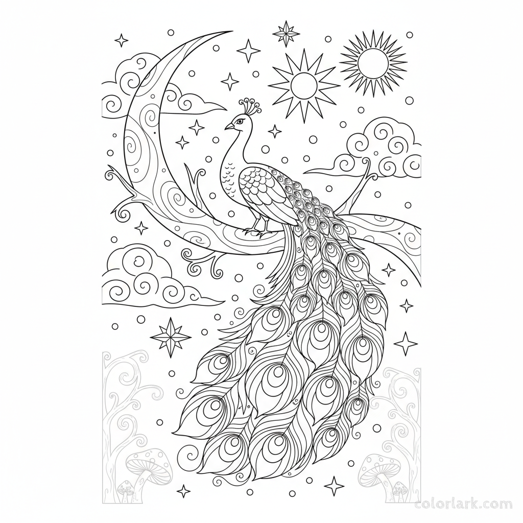 Whimsical peacock on moonlit branch fantasy coloring page