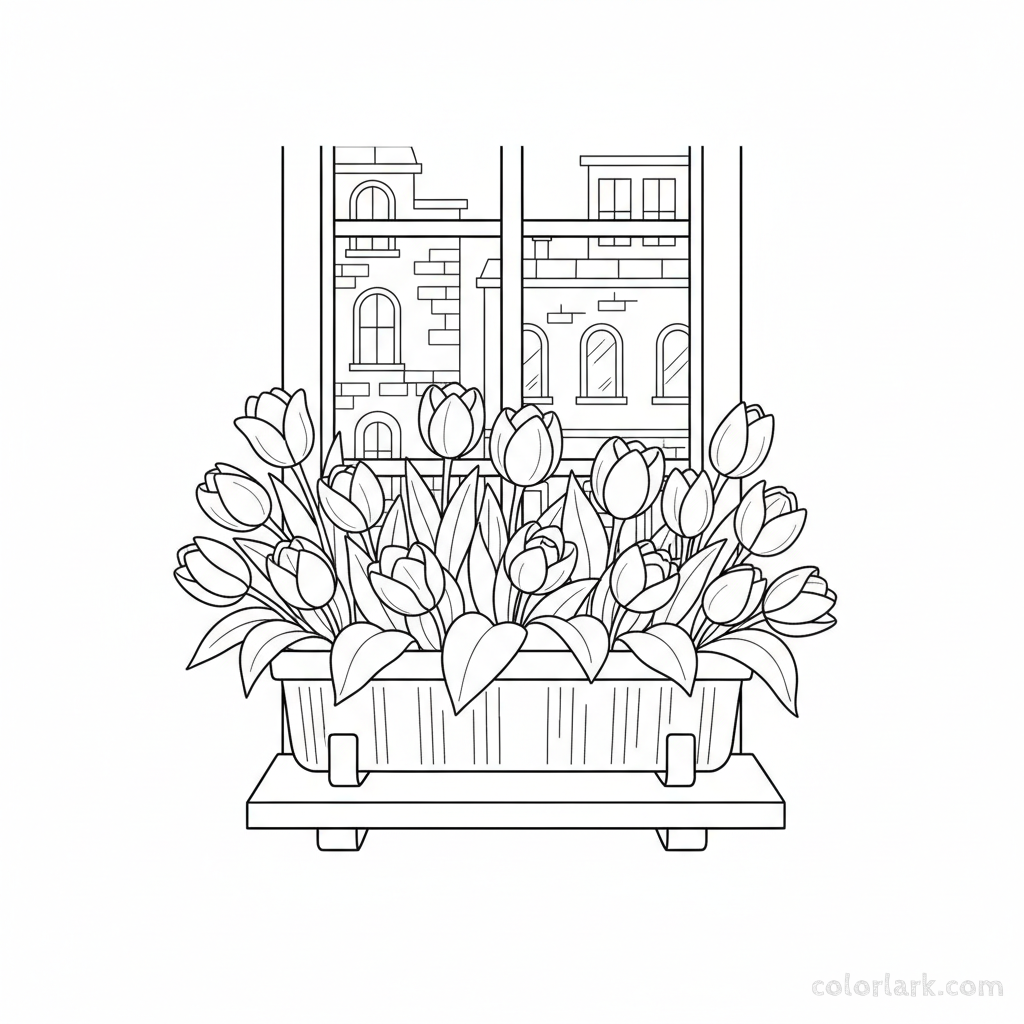 Line art illustration of a window box filled with blooming tulips