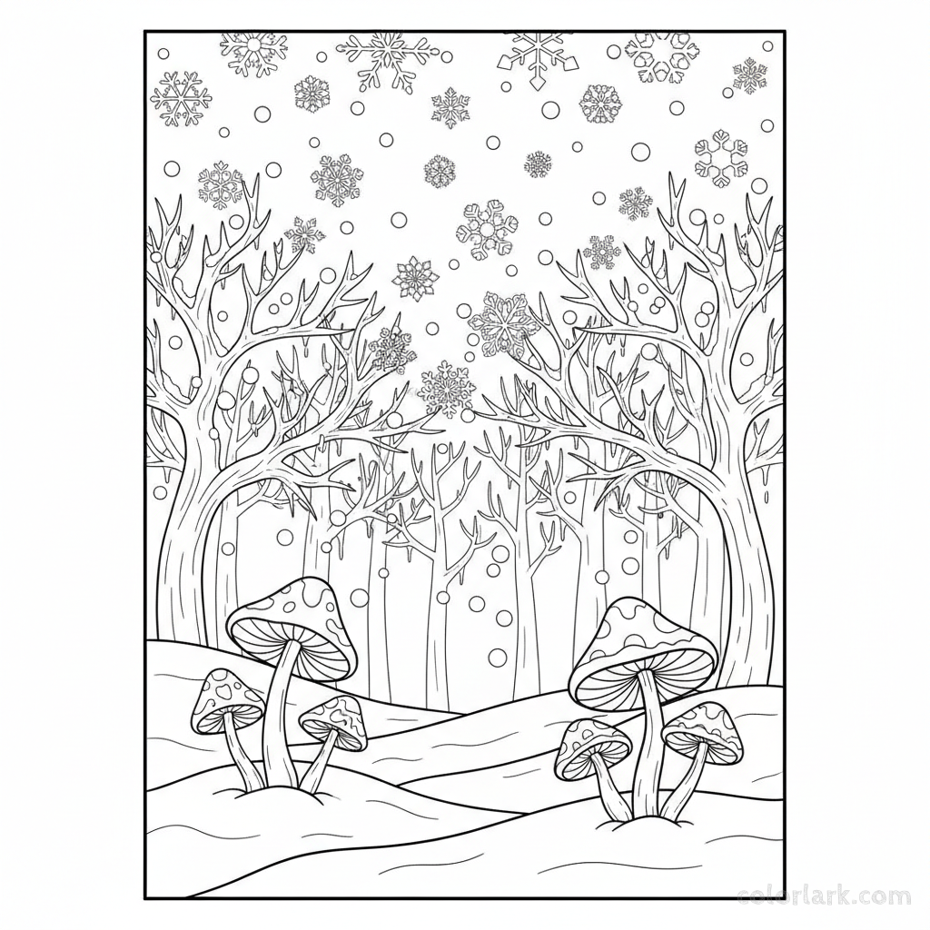 Black and white line art of delicate mushrooms peeking out from under fresh snow in a magical winter wonderland with frosty branches, for coloring.