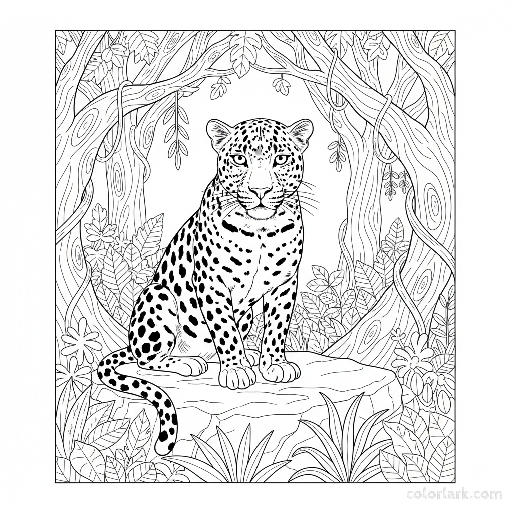Free printable coloring page of a wise old Indian leopard surveying its jungle home.