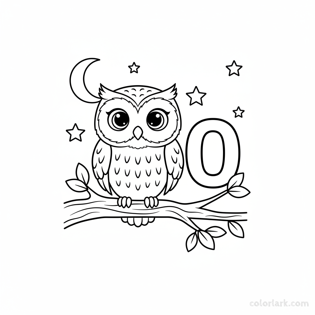 Black and white line art of a wise owl perched on a branch next to the letter O.