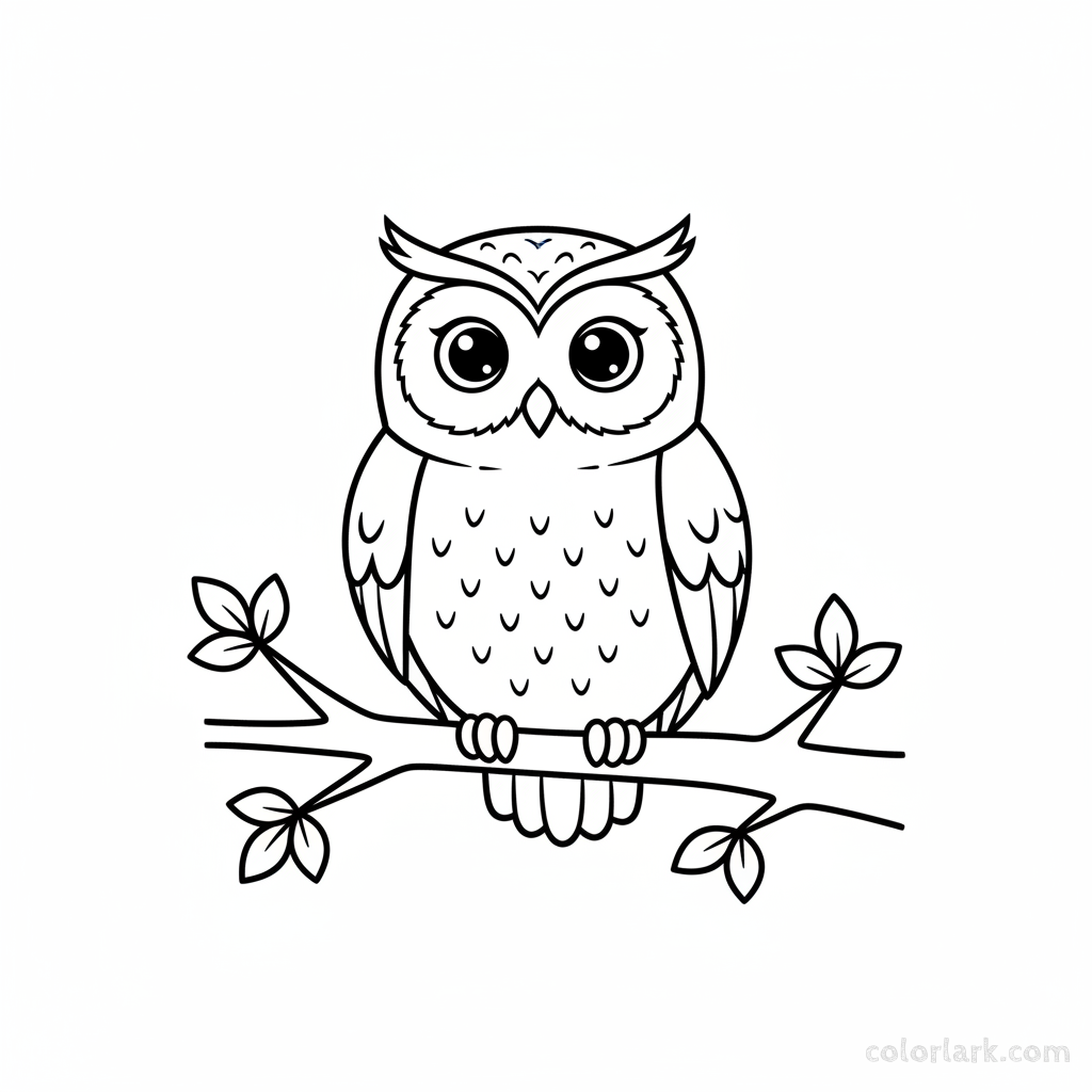 Black and white line art of a wise owl sitting on a branch, simplified for easy coloring by kids.
