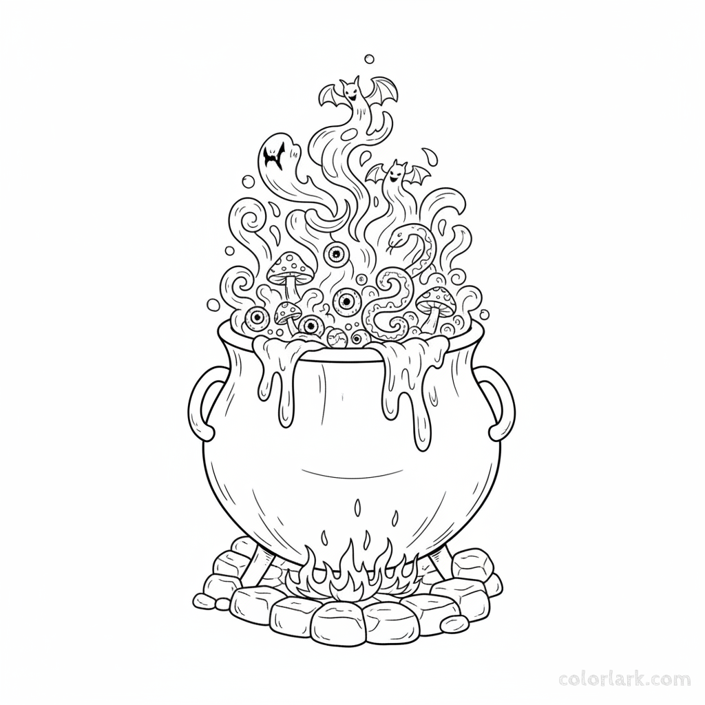 Black and white line art of a rustic cauldron over a fire, with a thick, bubbling potion overflowing and magical smoke rising dramatically.