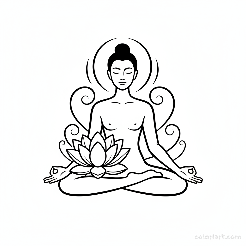 Black and white line art of a figure in a yoga meditation pose with a sacred lotus flower.