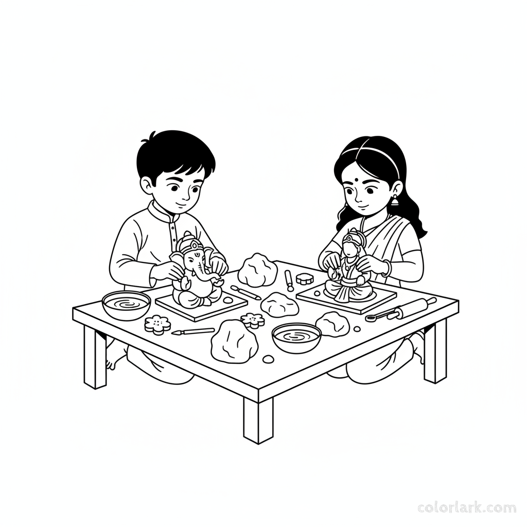 Young children crafting simple Ganesha and Lakshmi idols from clay for Diwali puja, focused and respectful, line art