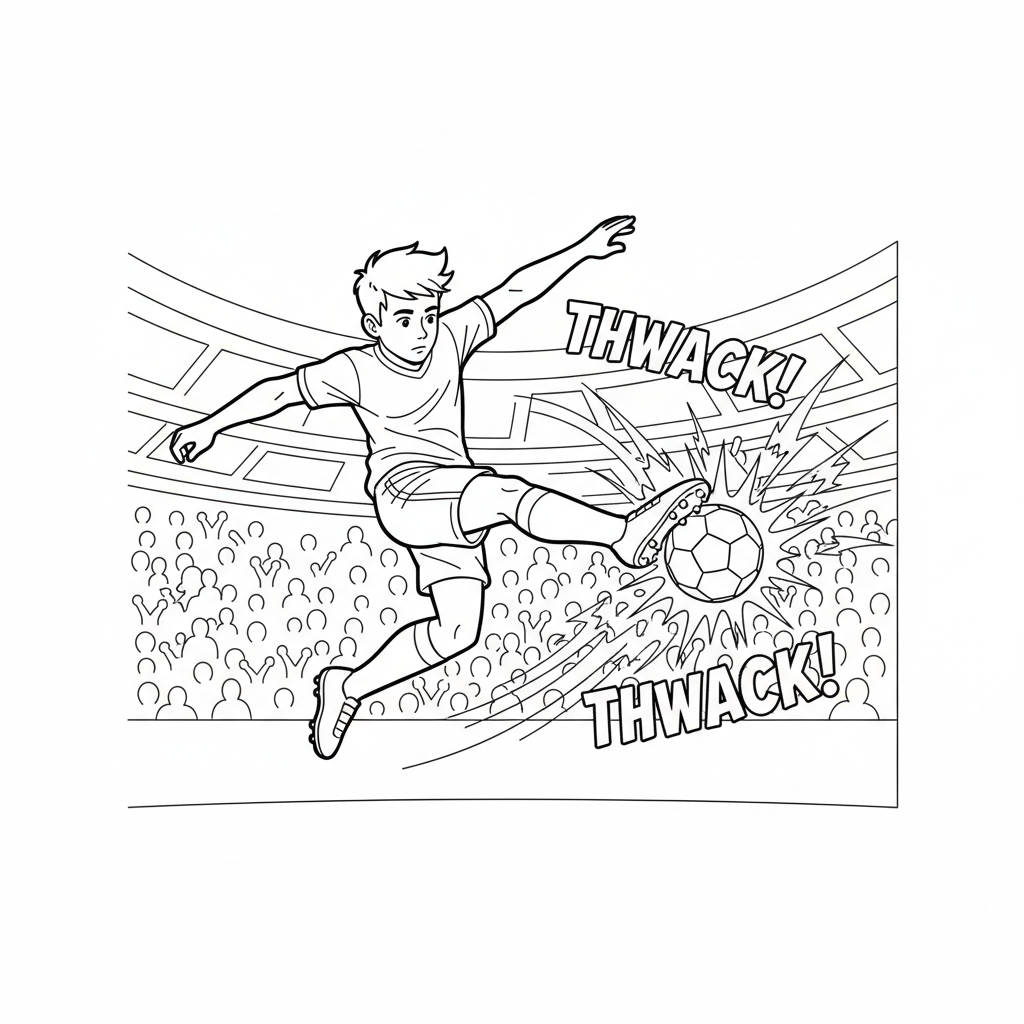 Line art of a young athlete making a thunderous football shot.