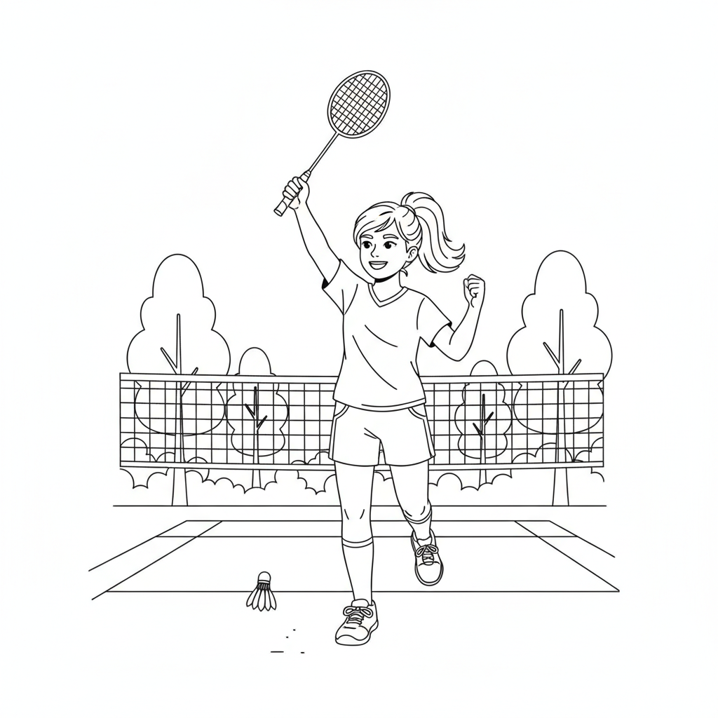 Line art of a young girl athlete raising her racket in triumph after a badminton victory.