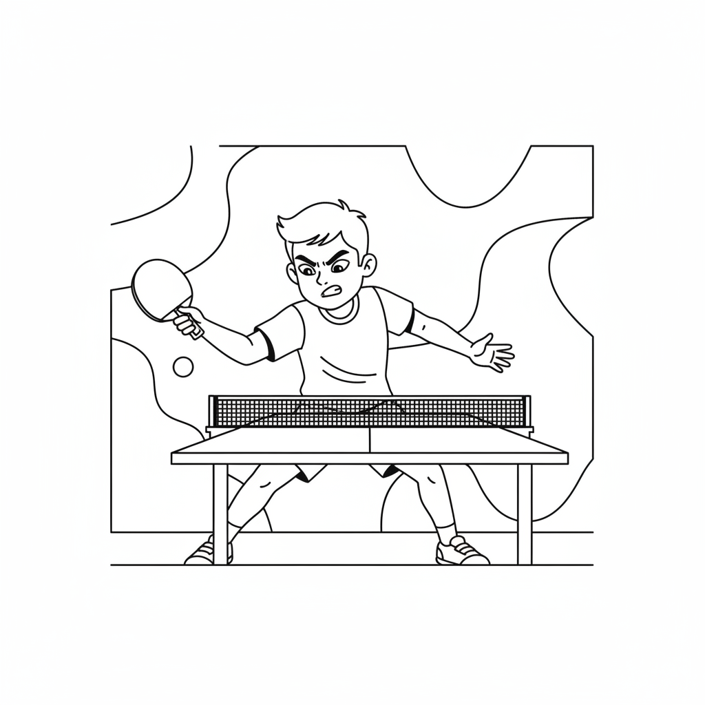 Line art of a young athlete performing a backhand counter-attack in table tennis.