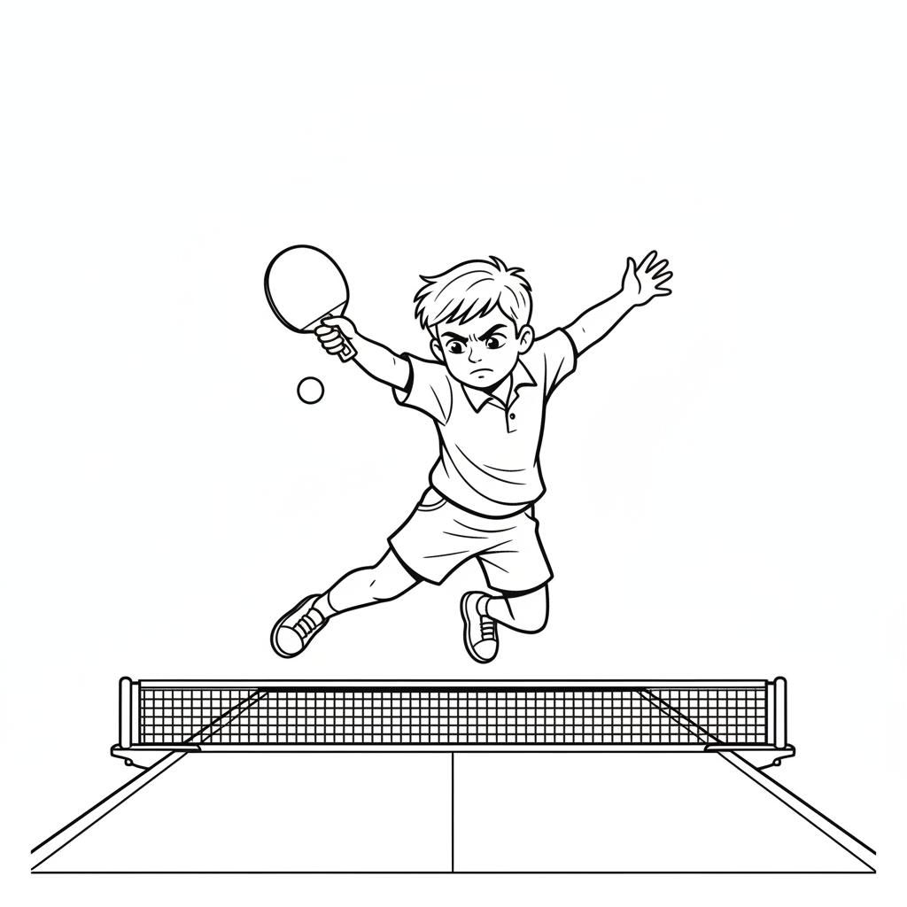 Line art of a young athlete performing a powerful forehand smash in table tennis.
