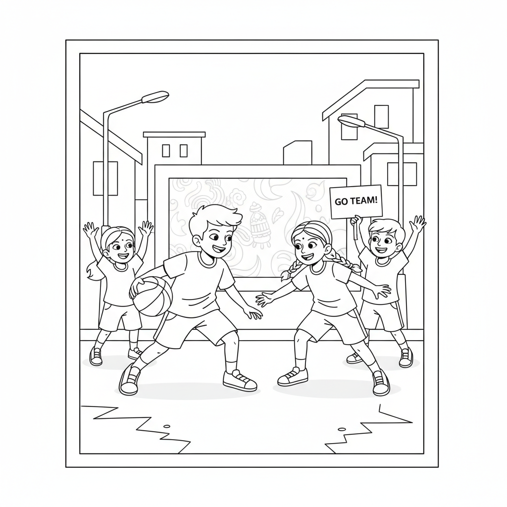 Line art of young Indian athletes playing basketball on an urban street, with friends cheering energetically.