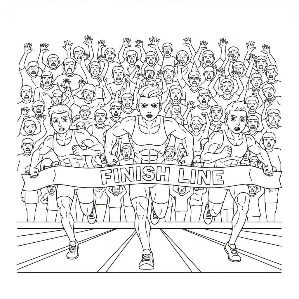 Line art of young athletes in a power sprint to a finish line with a roaring crowd