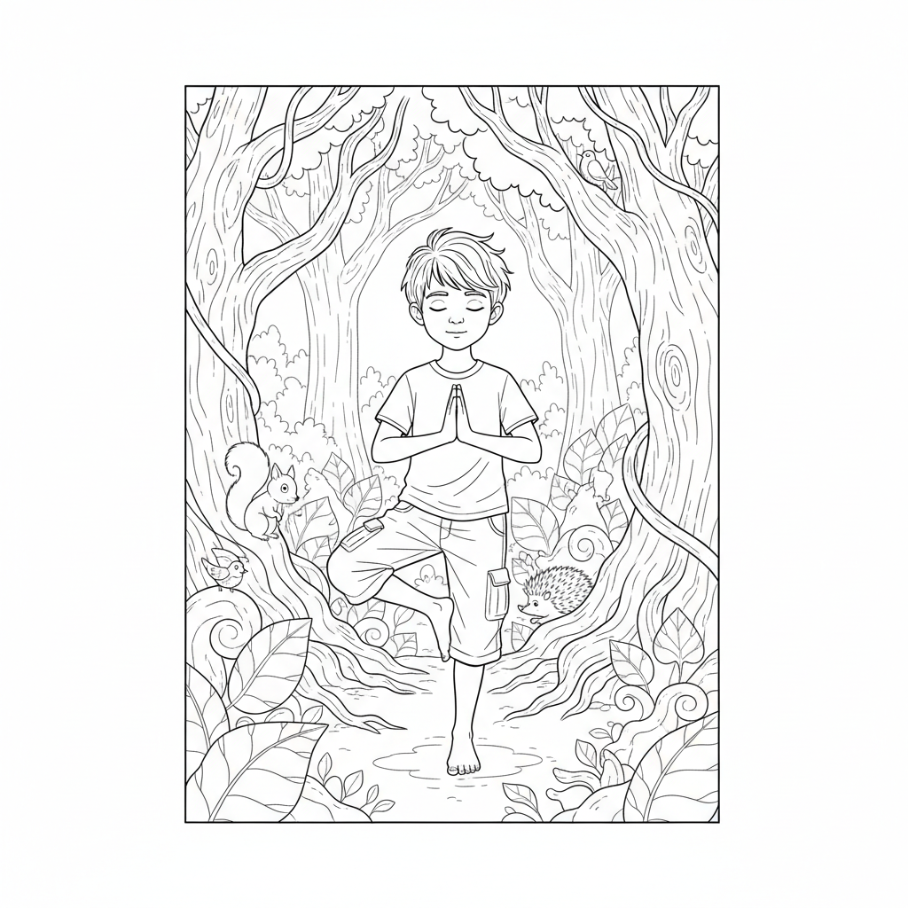 Line art of a young boy in tree pose yoga in a secret garden with hidden creatures