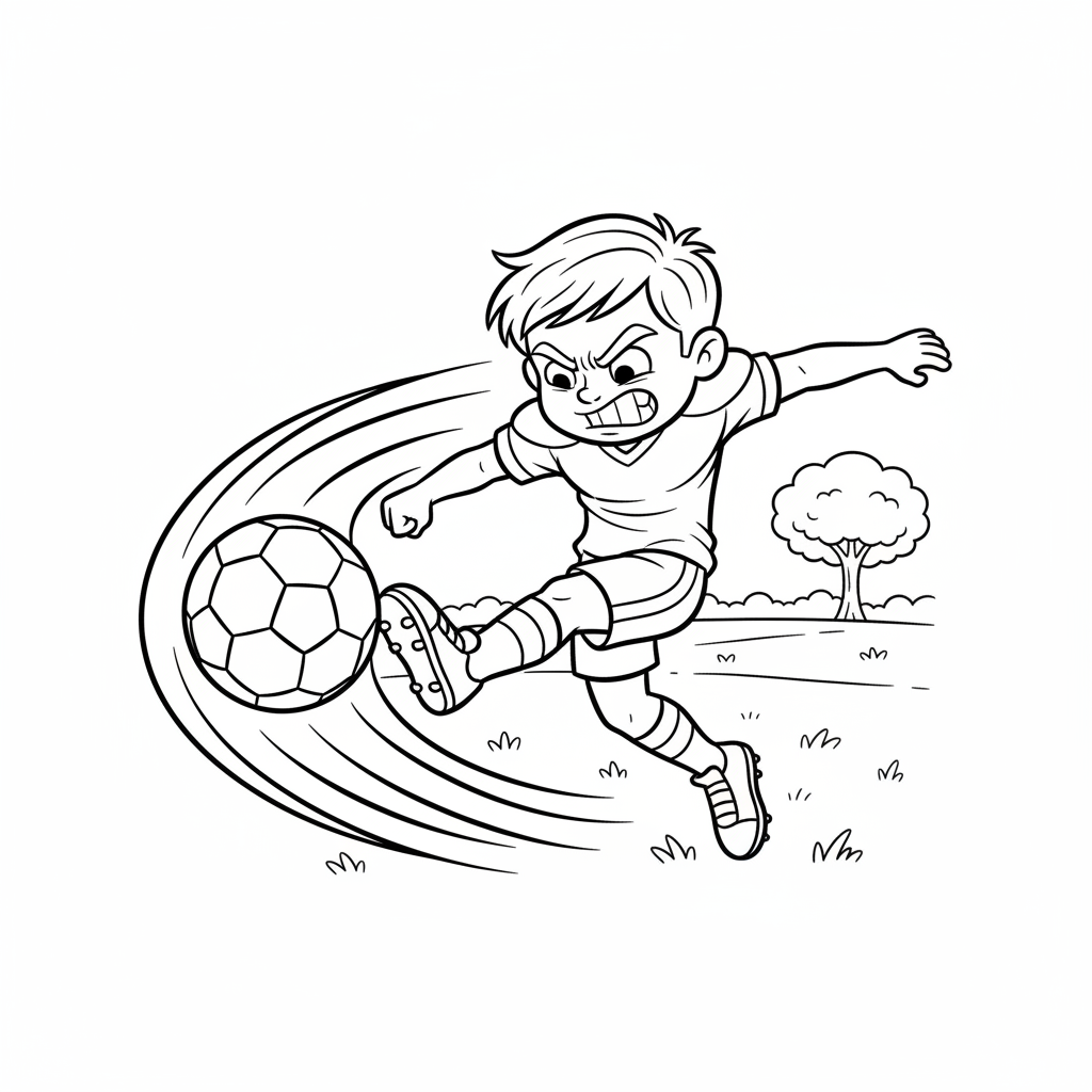 Line art of a young boy football player delivering an intense power kick.