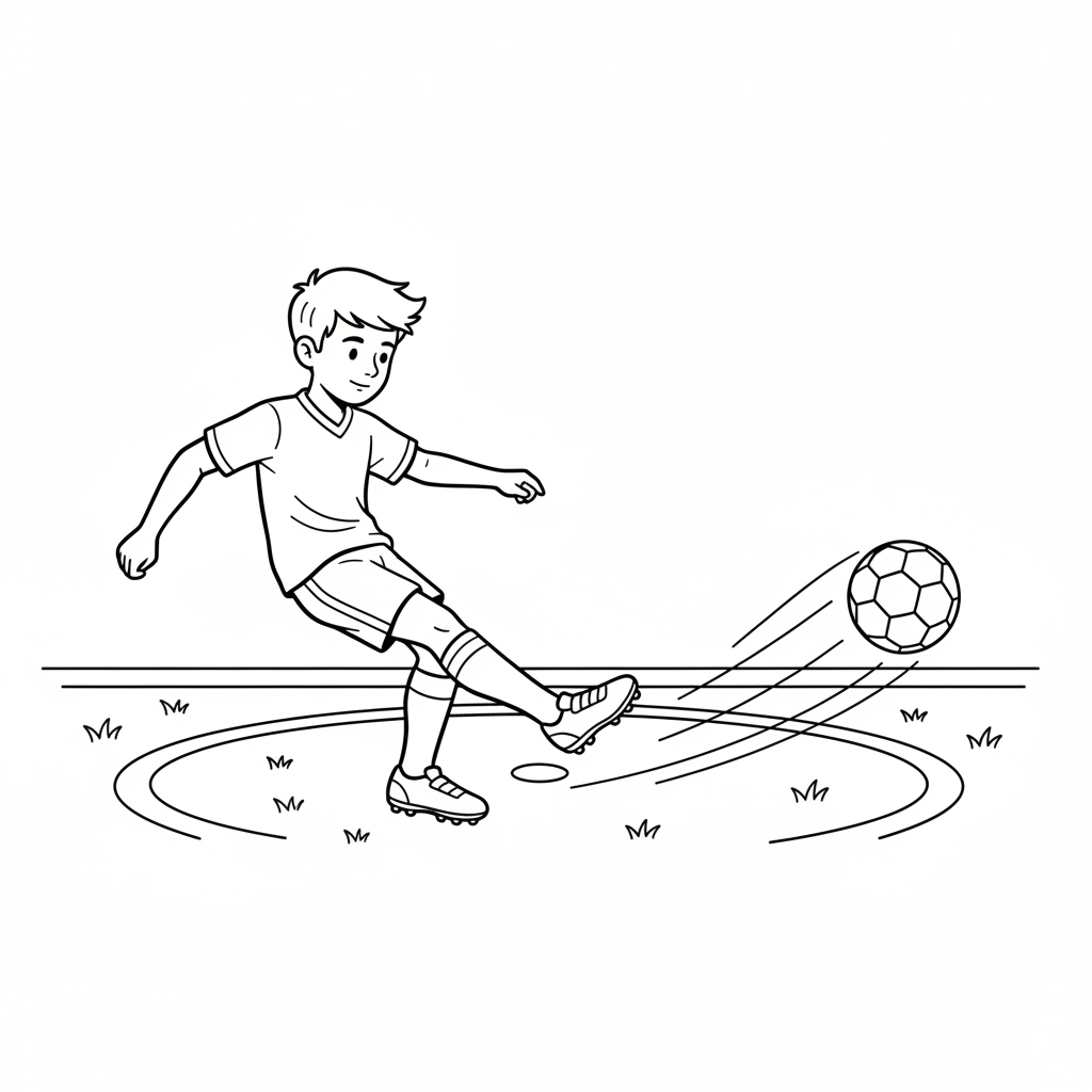 Line art of a young boy footballer delivering an amazing strike.