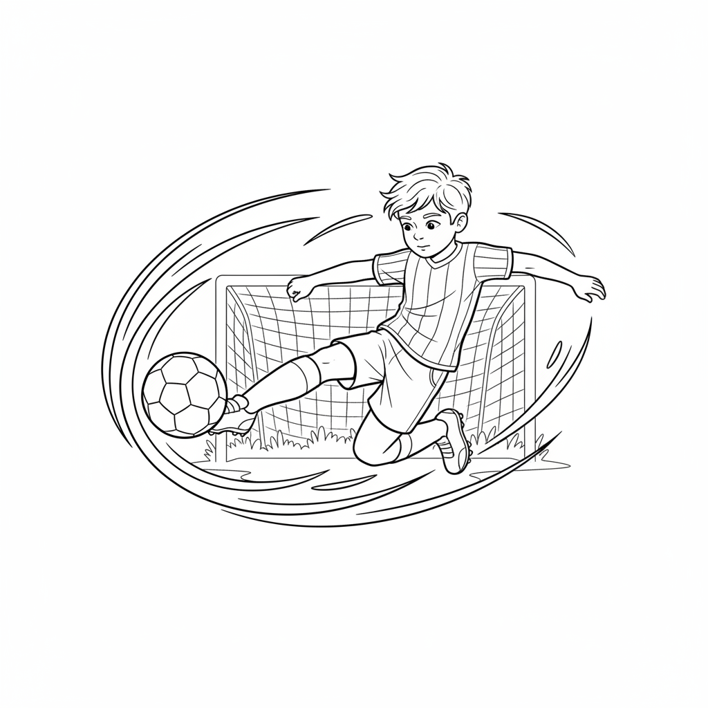 Line art of a young boy footballer performing a dynamic kick.