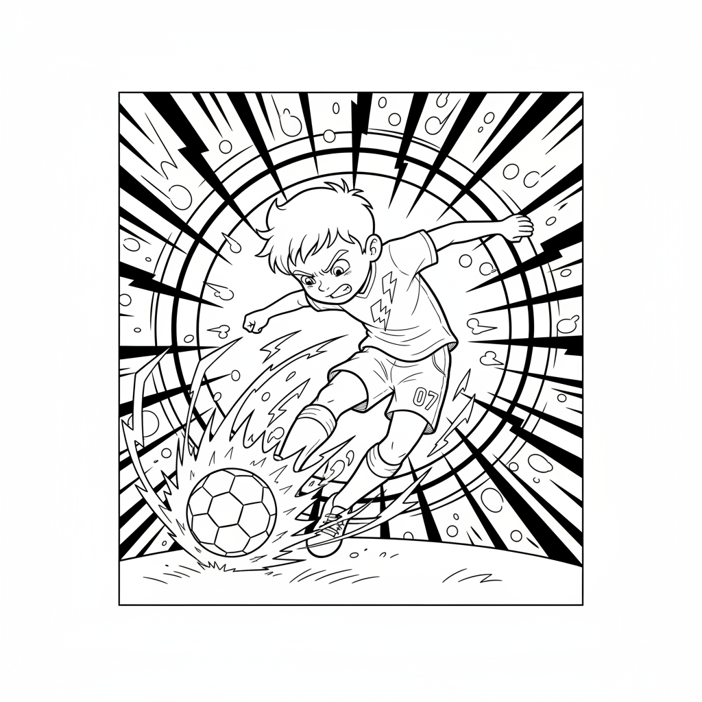 Line art of a young boy footballer delivering a supercharged kick.