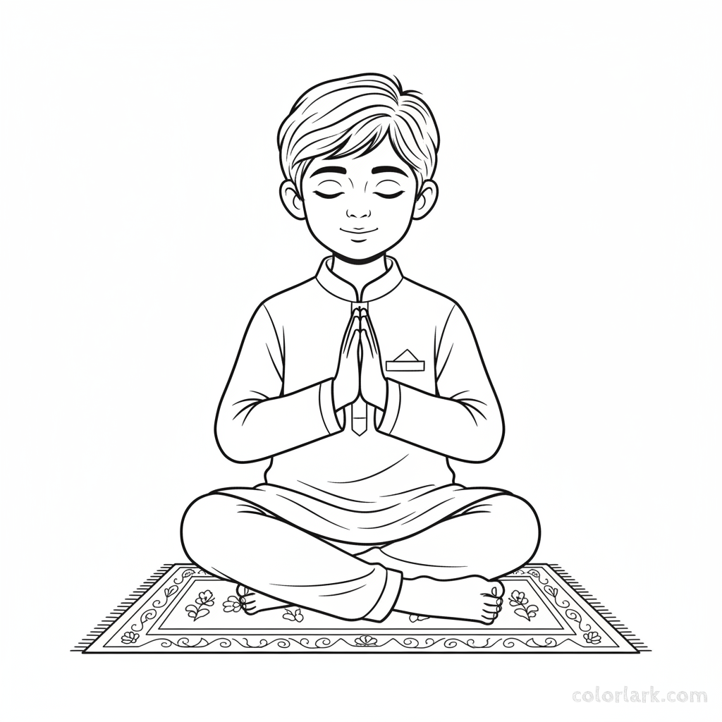 Young boy sitting peacefully, hands in prayer, reciting a Diwali prayer or mantra, black-and-white line art