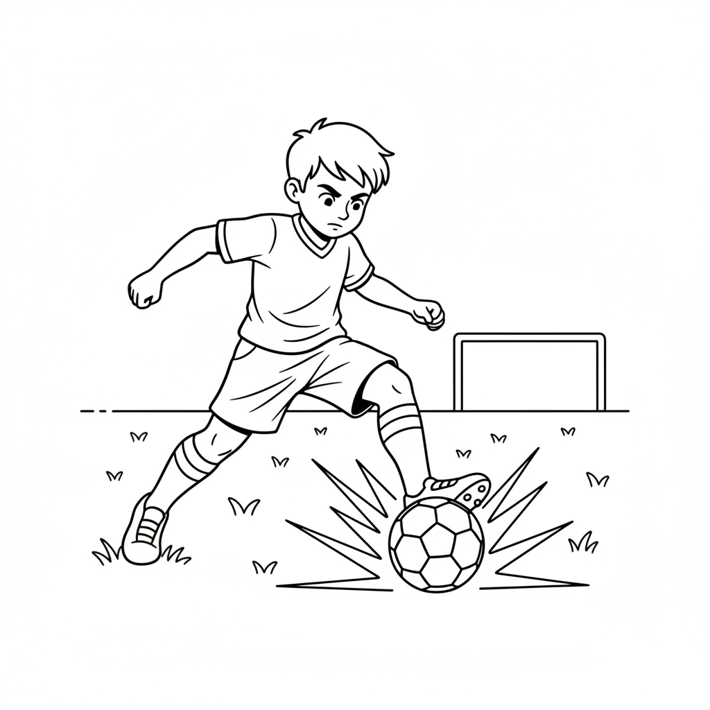 Line art of a young boy striking a soccer ball with a mighty leg.