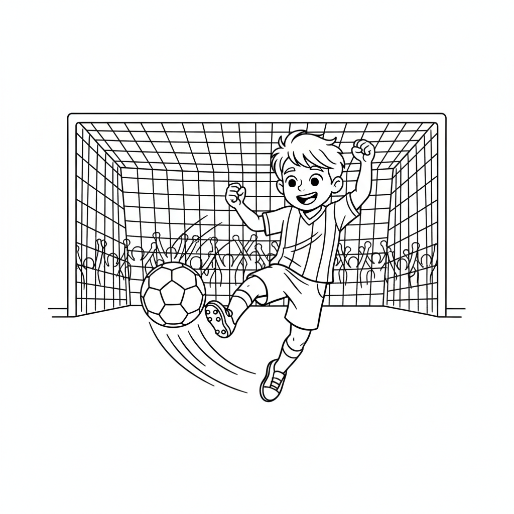 Line art of a young boy striking a winning goal in soccer.