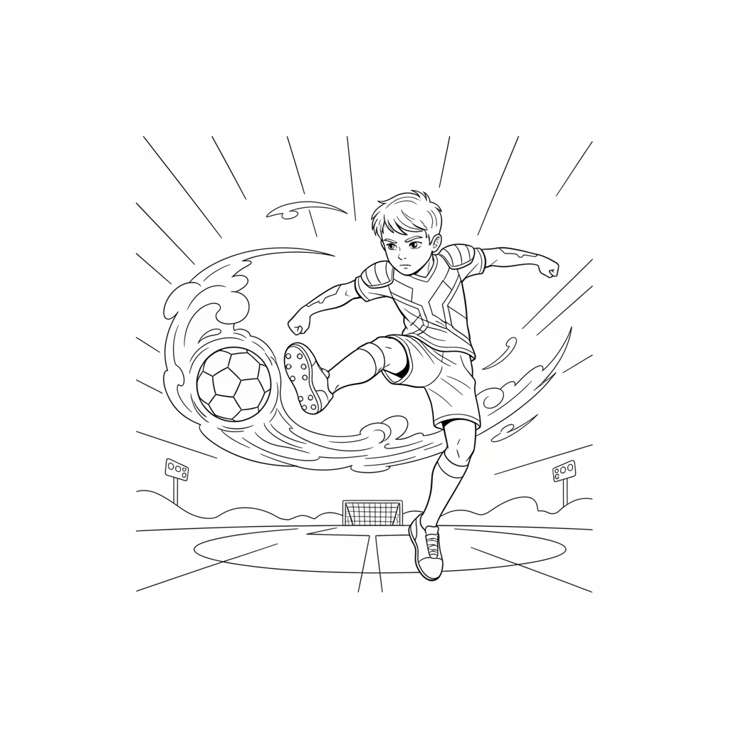 Line art of a young boy unleashing a rocket shot in football.