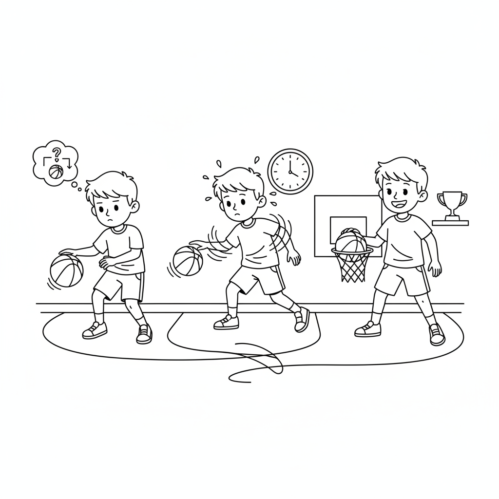 Black and white line art of a young boy's basketball dribble story in a school gym with a clock and trophy shelf.