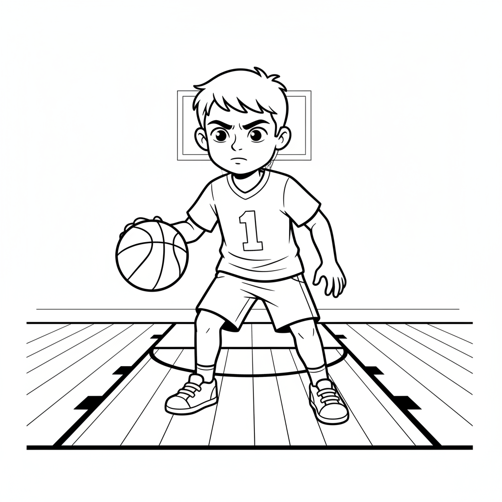 Black and white line art of a young boy practicing his first basketball dribble in a school gym.