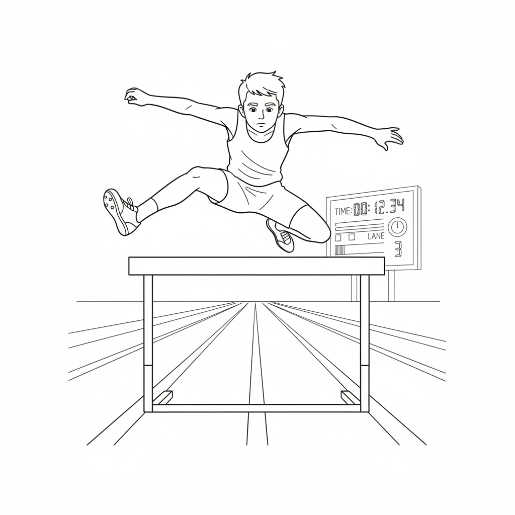 Black and white line art of a young boy demonstrating perfect hurdle jump technique over a hurdle on an athletics track.