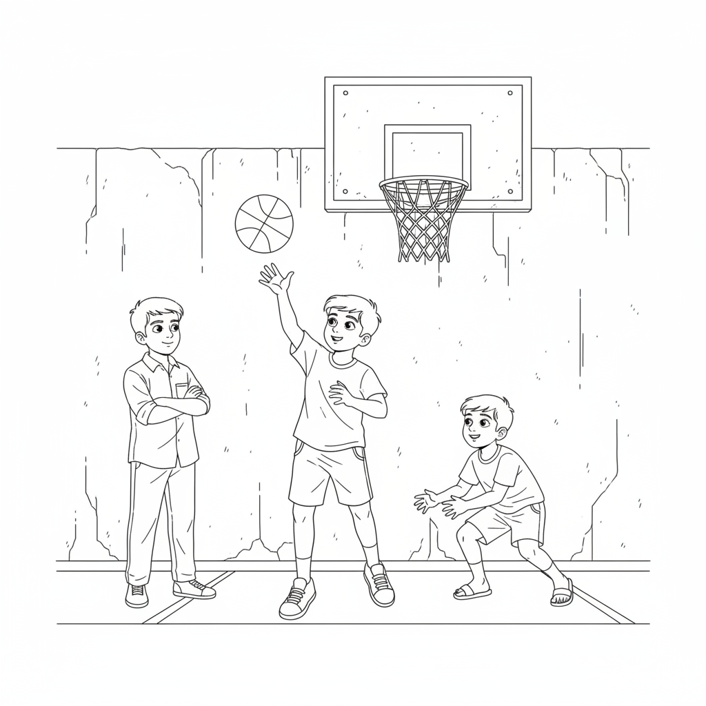 Line art of young Indian boys practicing free throws in street basketball, with a friend watching.